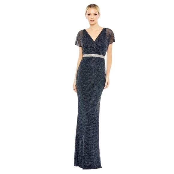 MAC DUGGAL Dress Size 12 Evening Gown Sequin Navy Blue NEW V Neck Beaded - Picture 1 of 9